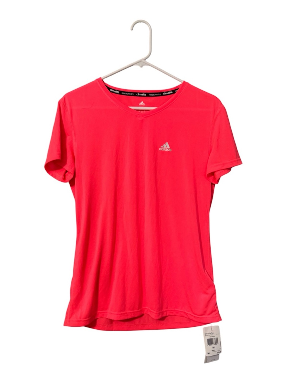 NWT Adidas ClimaLite Tee Women M Red Zest Silver V Neck Athletic Shirt Z77140